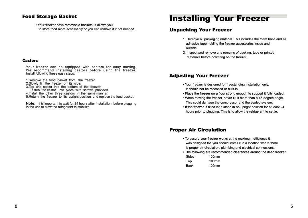 Haier FCD-290 manual Installing Your Freezer, Food Storage Basket, Unpacking Your Freezer, Adjusting Your Freezer, Castors 