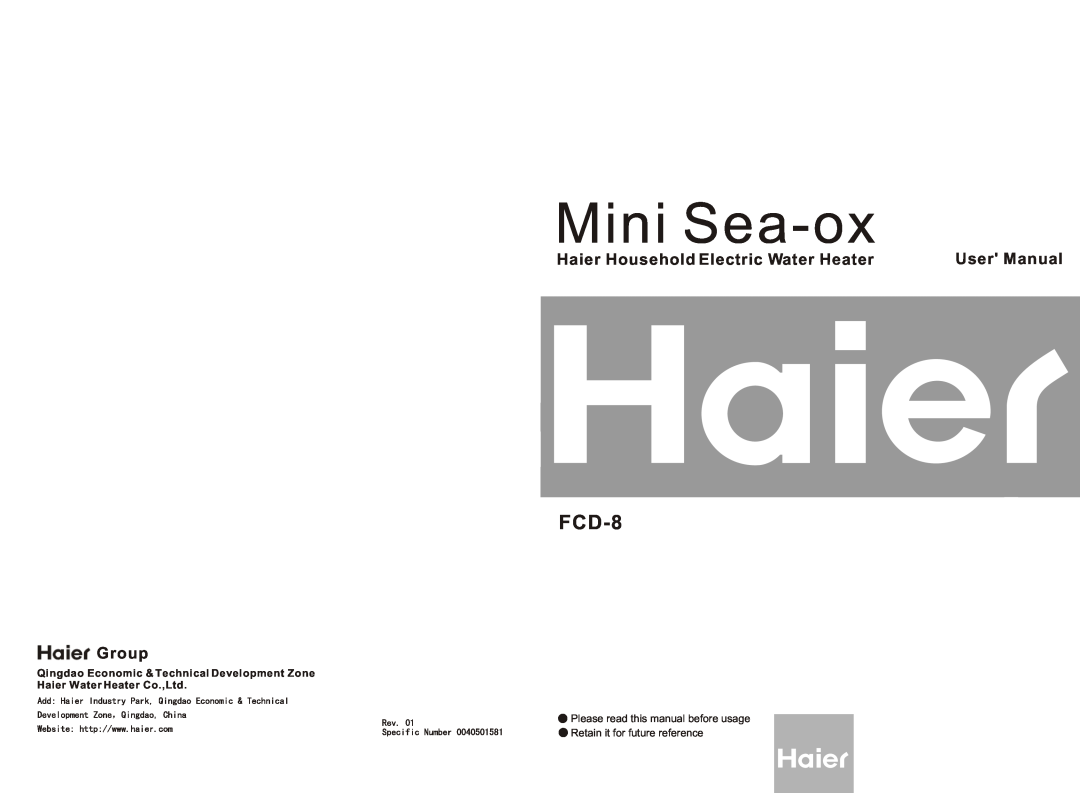 Haier FCD-8 user manual Haier Household Electric Water Heater, Group, Mini Sea-ox 