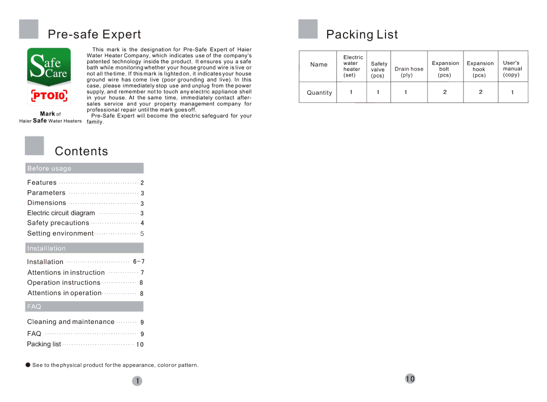 Haier FCD-JTHA40-III, FCD-JTHA50-III, FCD-JTHA60-III user manual Pre-safe Expert Packing List, Contents 