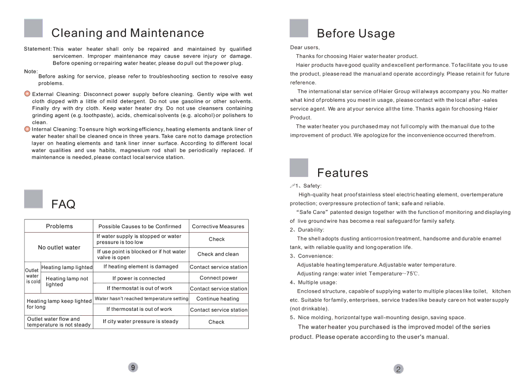 Haier FCD JTHA40-III(E), FCD-JTHA50-III(E), FCD-JTHA60-III(E) user manual Cleaning and Maintenance, Before Usage, Features 