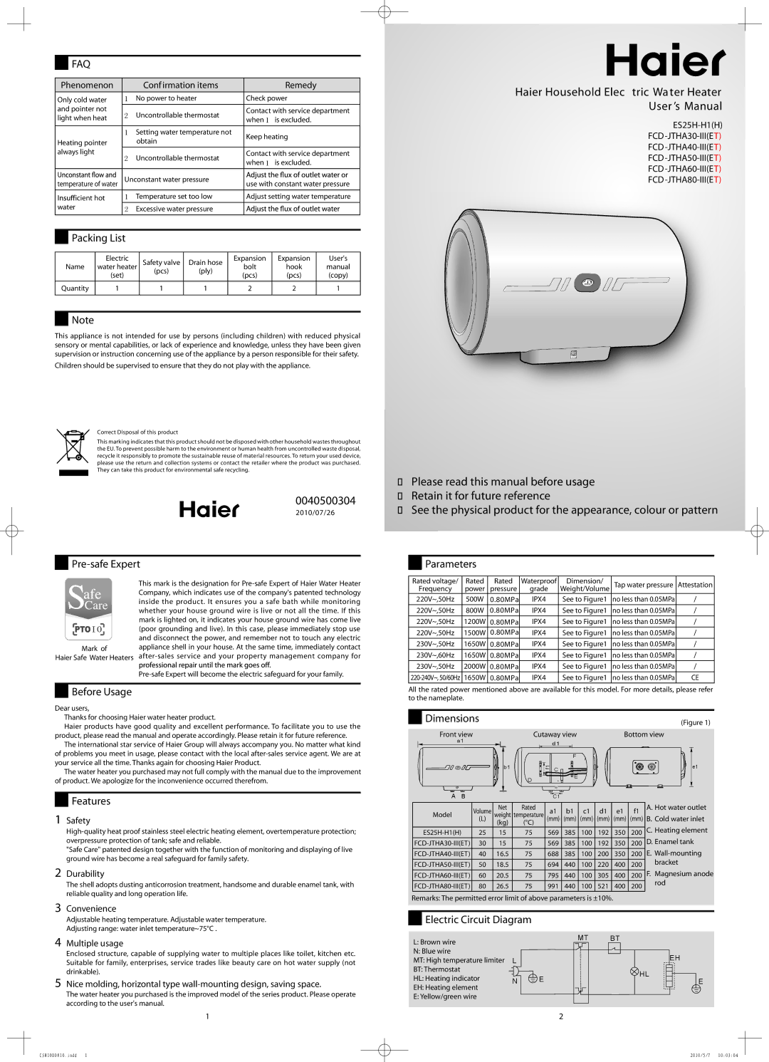 Haier FCD-JTHA40-III(ET) dimensions Packing List, Pre-safe Expert, BeforeBeforeUsageUsage, Parameters, Dimensions 