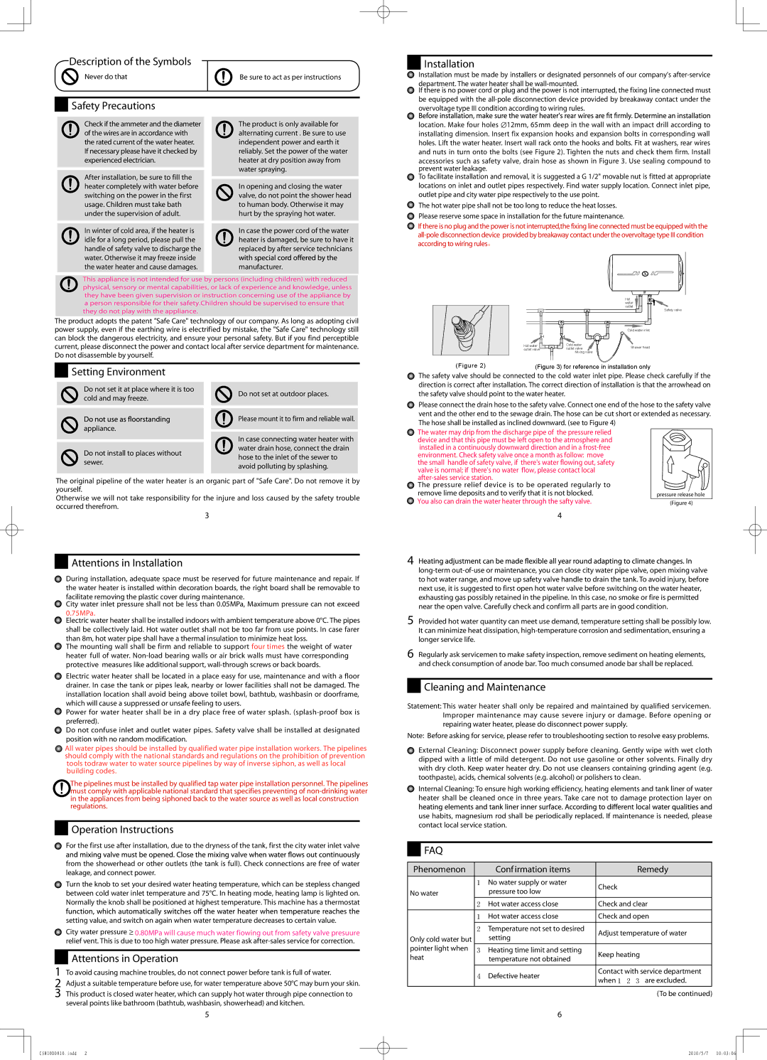 Haier FCD-JTHA30-III(ET), ES25H-H1(H) Safety Precautions, InstallationBefore Usage, OperationBefore UsageInstructions 