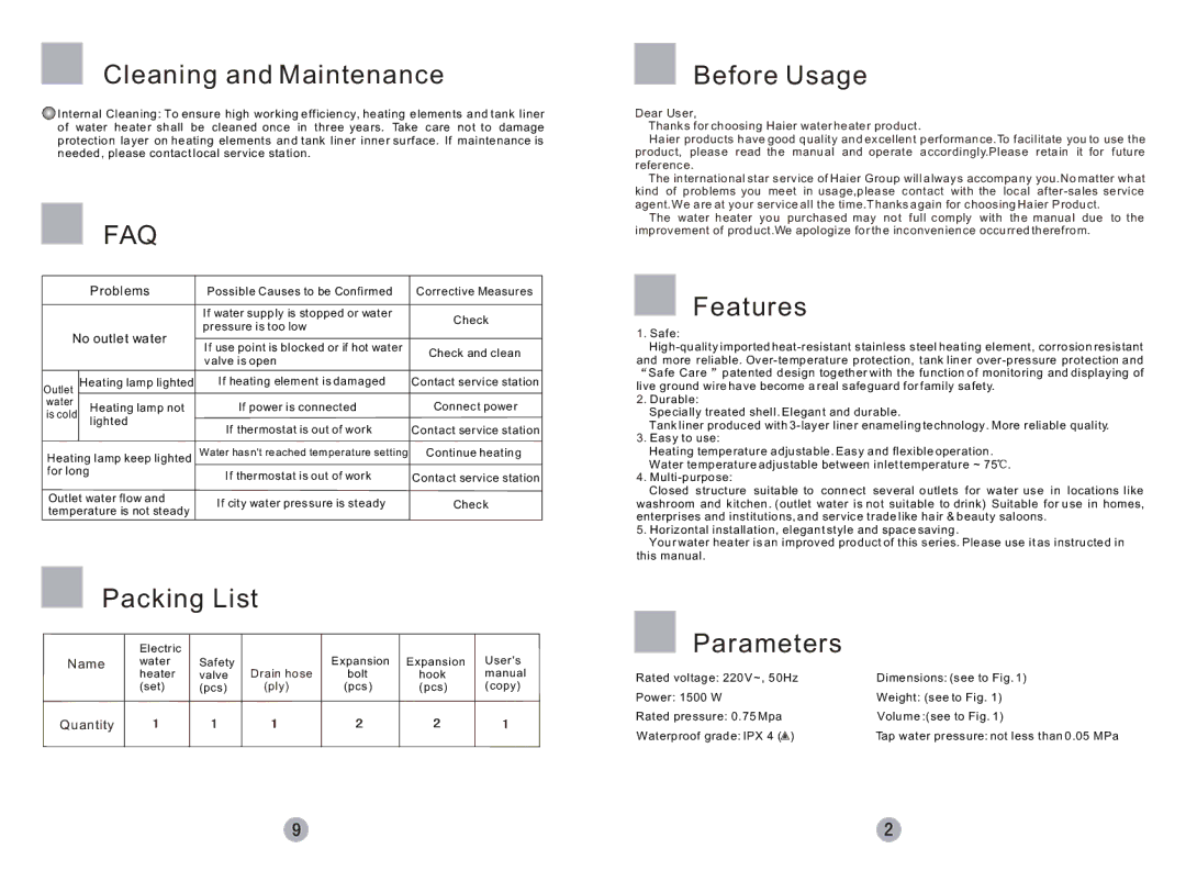 Haier FCD-JTHC80-E, FCD-JTHC50-E, FCD-JTHC40-E Cleaning and Maintenance, Packing List, Before Usage, Features, Parameters 