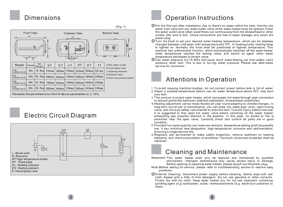 Haier FCD-JTHC50-E, FCD-JTHC40-E, FCD-JTHC60-E Dimensions, Electric Circuit Diagram, Operation Instructions, Model 