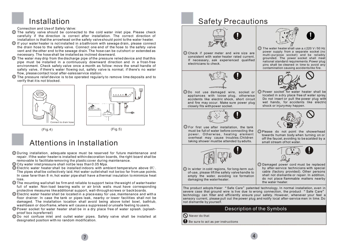 Haier FCD-JTHC40-E, FCD-JTHC50-E, FCD-JTHC60-E, FCD-JTHC80-E user manual Installation, Safety Precautions 