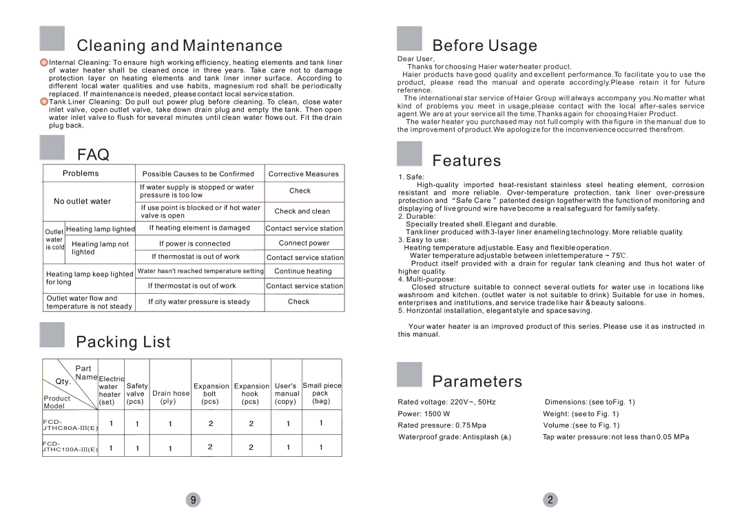 Haier FCD-JTHC80A-III (E), FCD-JTHC100A-III(E) Cleaning and Maintenance, Before Usage, Features, Packing List, Parameters 