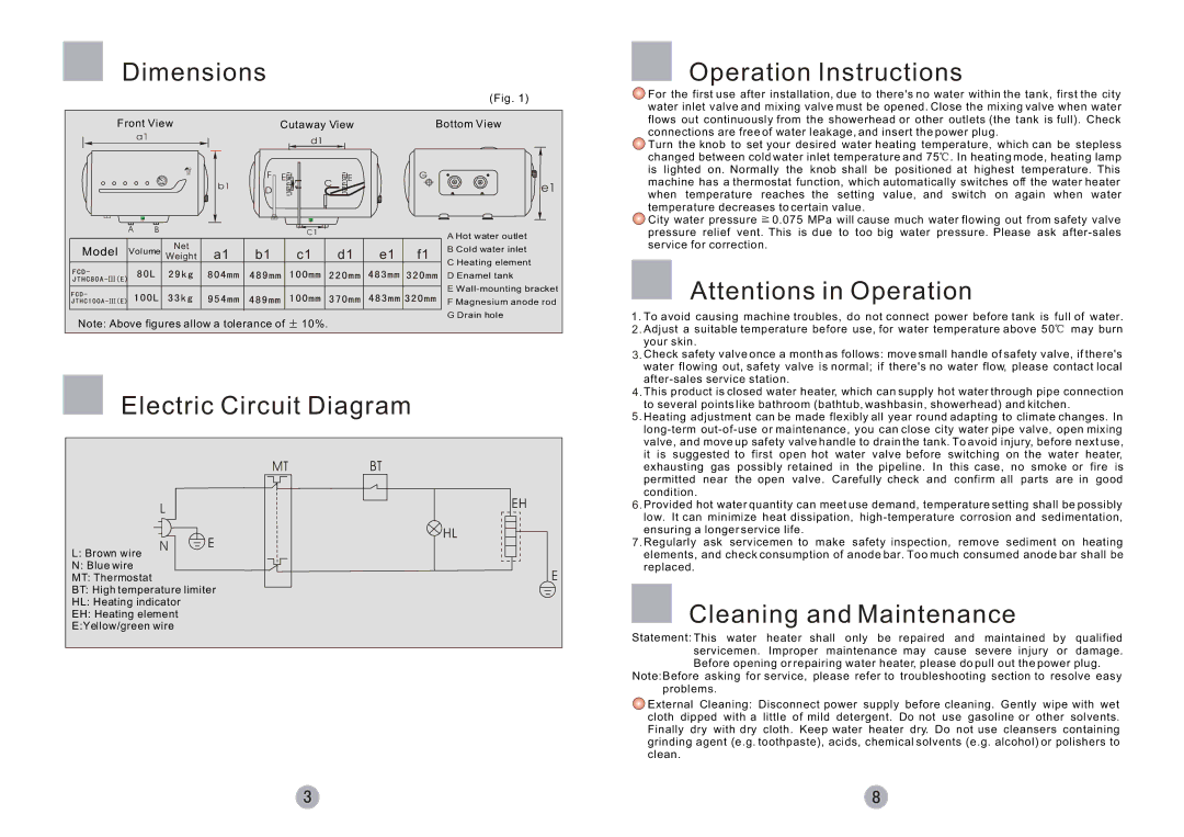 Haier FCD-JTHC80A-III (E), FCD-JTHC100A-III (E) Dimensions Operation Instructions, Electric Circuit Diagram, Model 