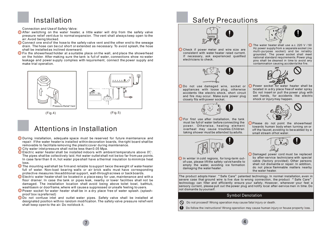 Haier FCD-JTHC80A-III (E), FCD-JTHC100A-III(E), FCD-JTHC80A-III (E), FCD-JTHC100A-III (E) Installation, Safety Precautions 