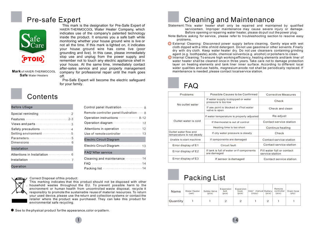 Haier FCD-JTHMG50-III, FCD-JTHMG60-III, FCD-JTHMG80-III, FCD-JTHMG100-III Pre-safe Expert Cleaning and Maintenance 