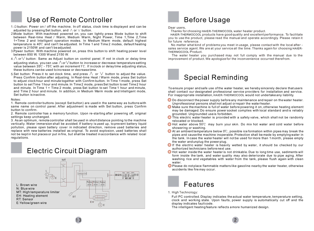 Haier FCD-JTHMG50-III, FCD-JTHMG60-III, FCD-JTHMG80-III, FCD-JTHMG100-III Use of Remote Controller, Special Reminding 