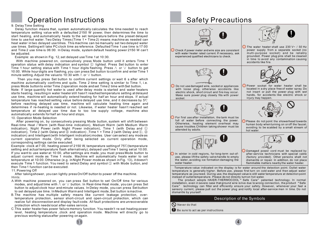 Haier FCD-JTHMG50-III, FCD-JTHMG60-III, FCD-JTHMG80-III, FCD-JTHMG100-III Operation Instructions, Safety Precautions 