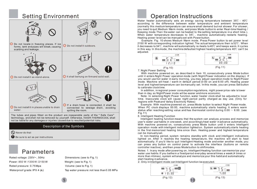 Haier FCD-JTHMG50-III, FCD-JTHMG60-III, FCD-JTHMG80-III, FCD-JTHMG100-III user manual Setting Environment, Parameters 