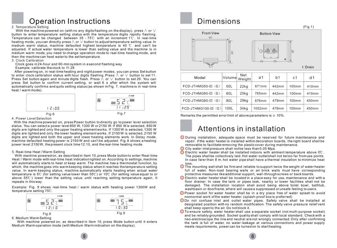 Haier FCD-JTHMG50-III, FCD-JTHMG60-III, FCD-JTHMG80-III, FCD-JTHMG100-III user manual Dimensions 