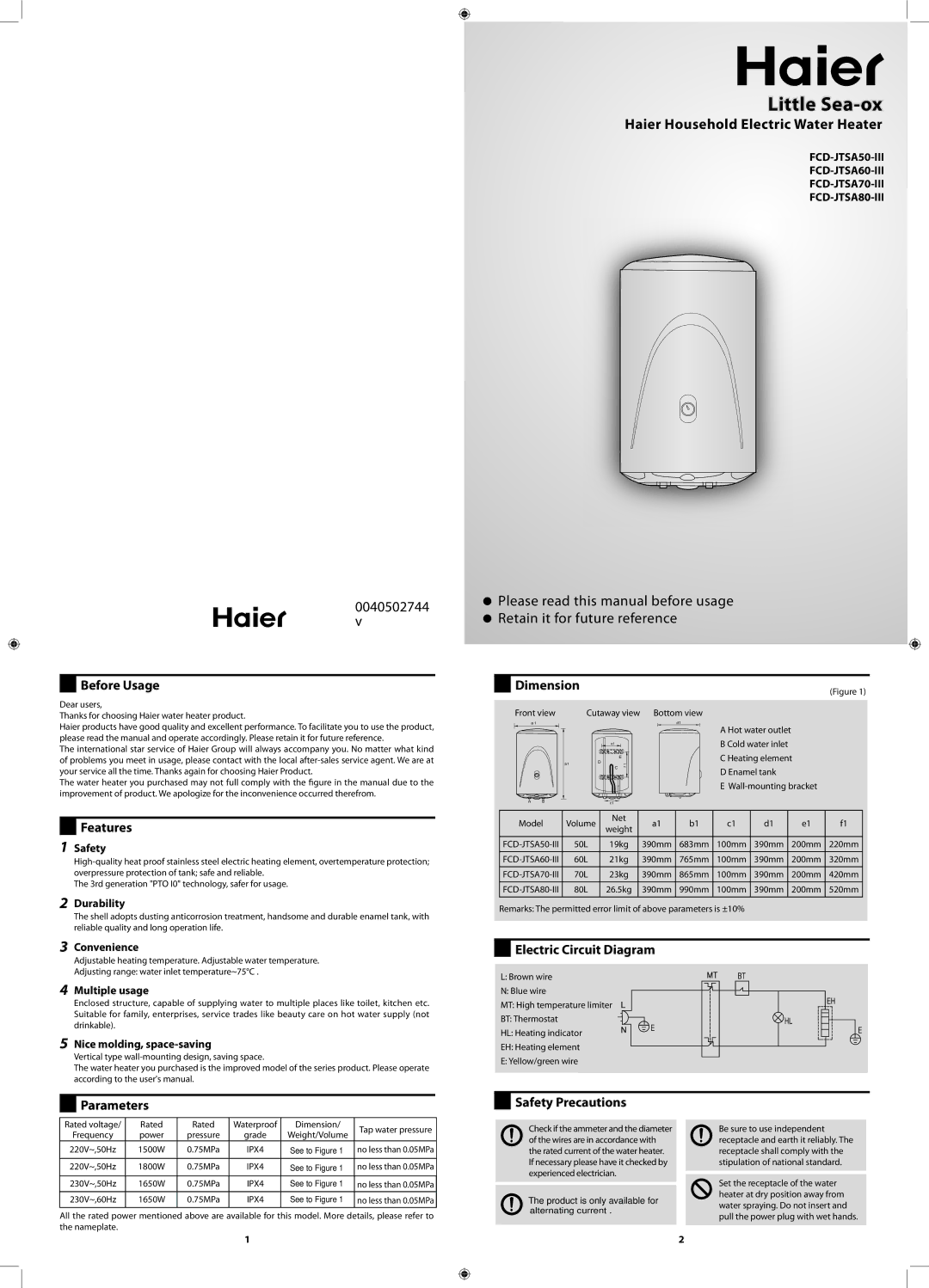 Haier FCD-JTSA80-III user manual BeforeBeforeUsageUsage, Features, Parameters, Dimension, Safety Precautions 