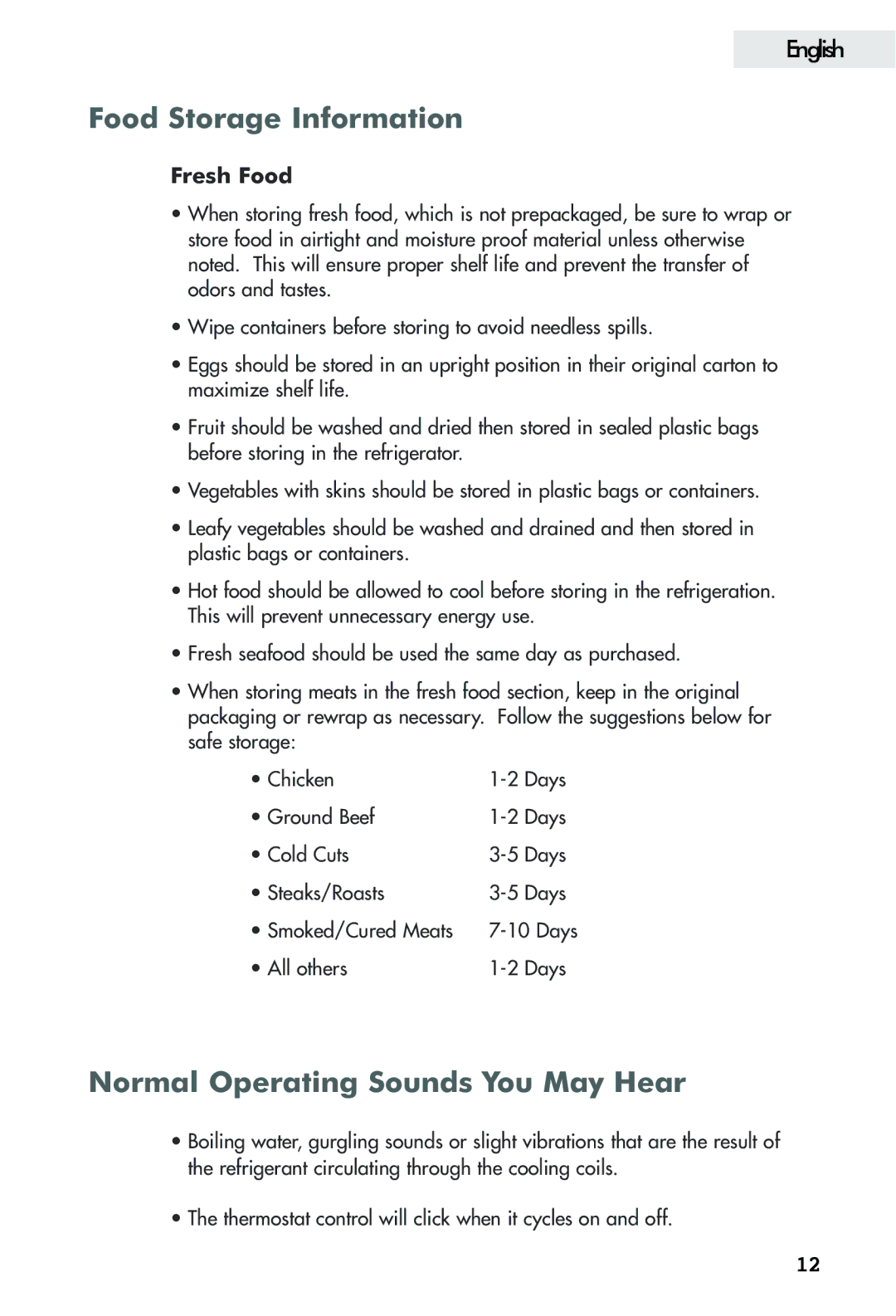 Haier FFAR2L user manual Food Storage Information, Norm al Operating Sounds You May Hear, Fresh Food 