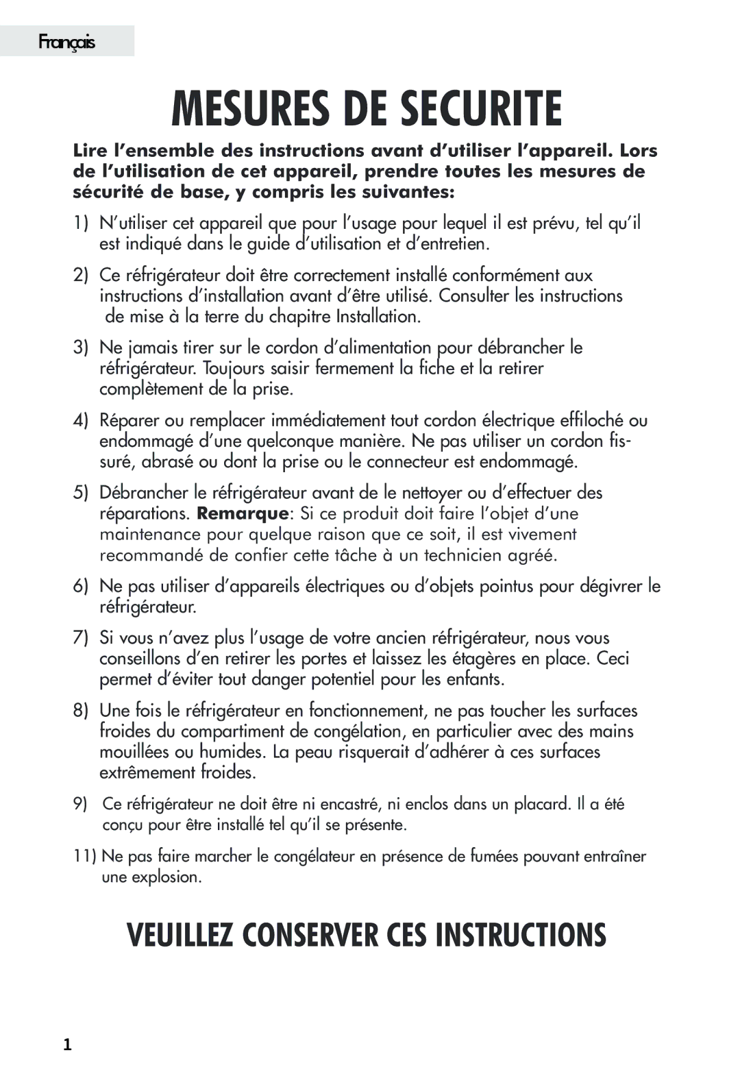 Haier FFAR2L user manual Mesures DE Securite 