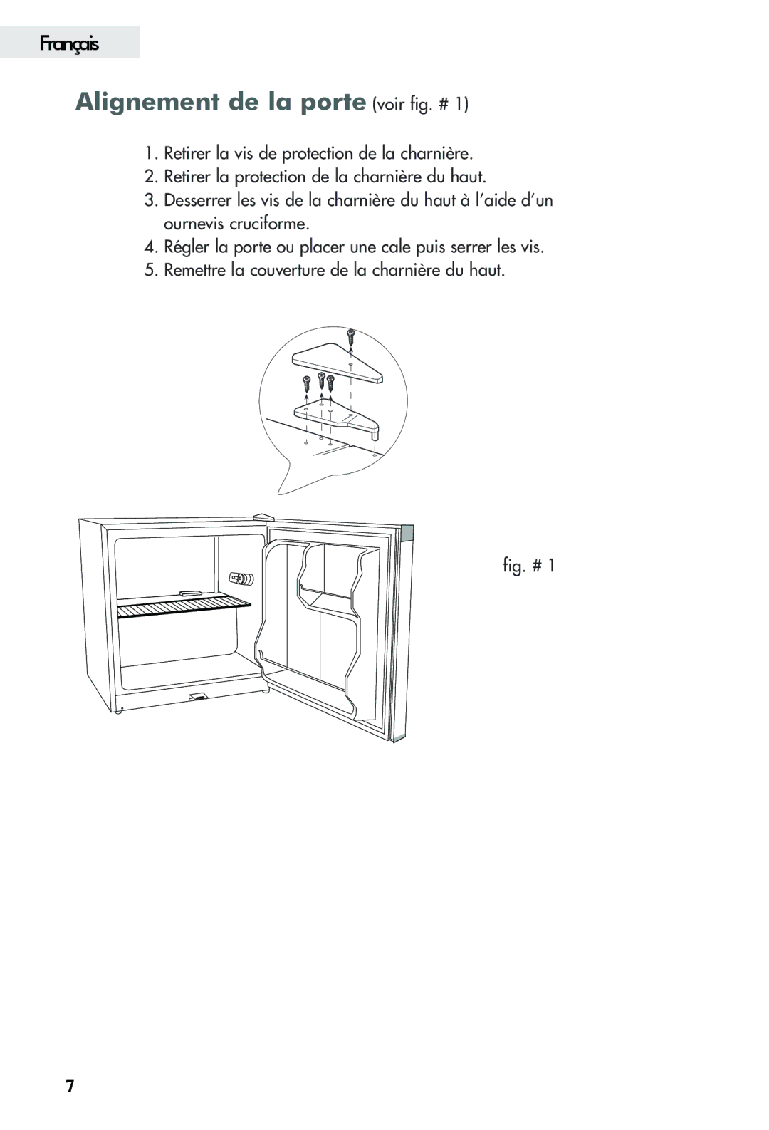 Haier FFAR2L user manual Alignement de la porte voir fig. #, Fig. # 