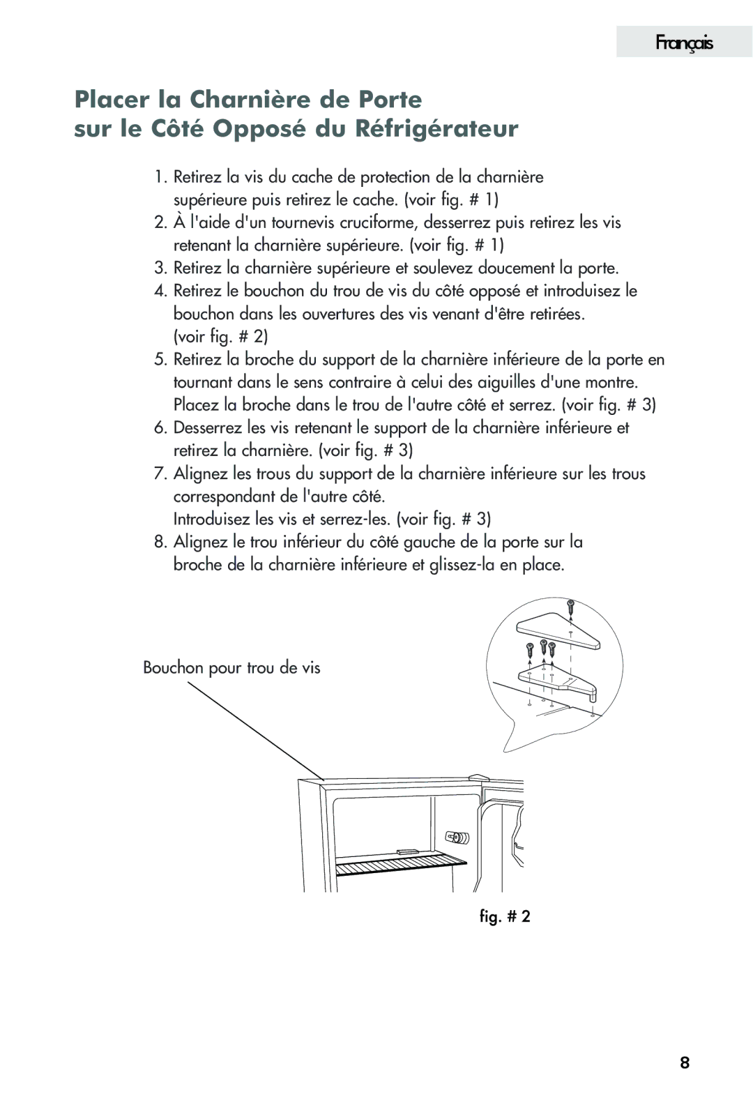 Haier FFAR2L user manual Bouchon pour trou de vis 