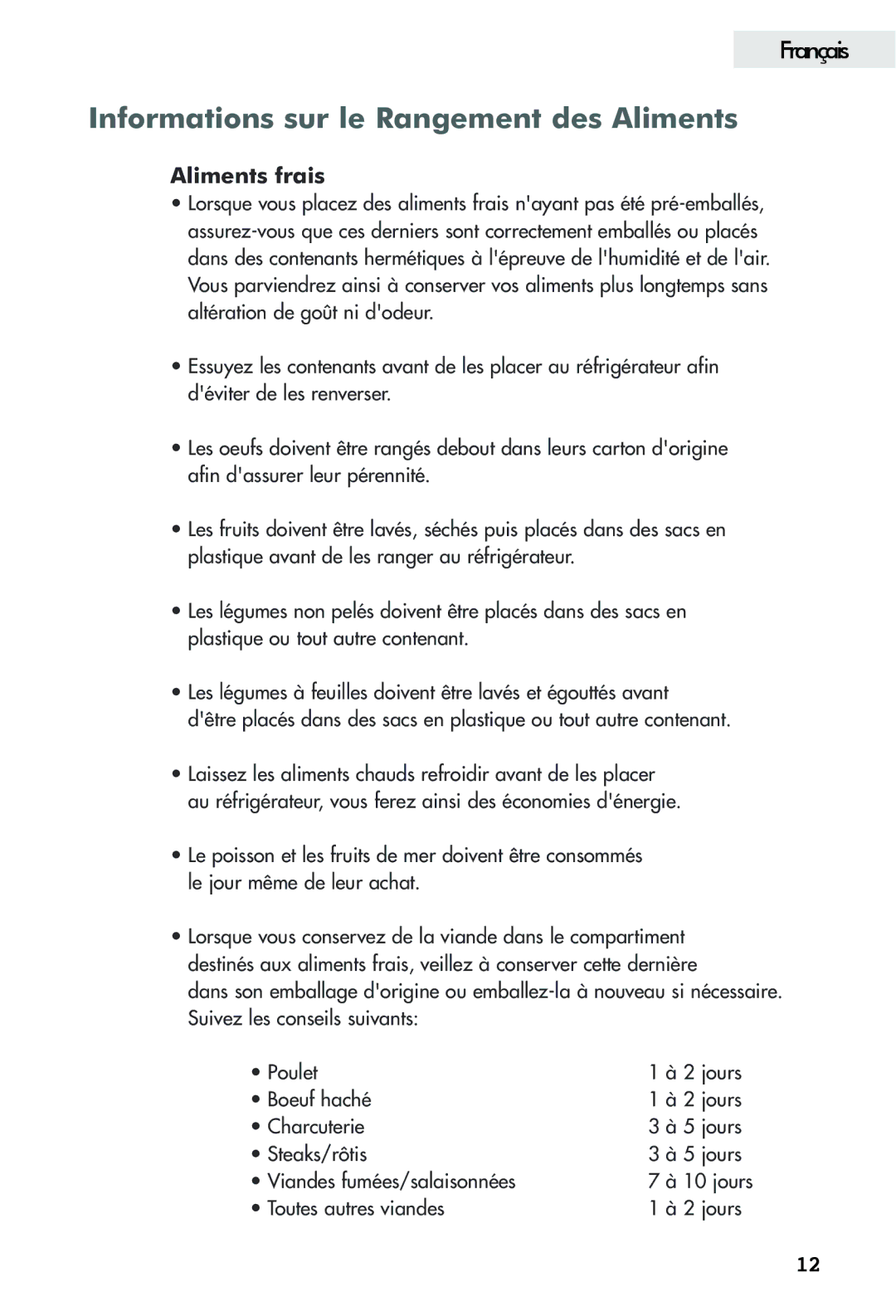 Haier FFAR2L user manual Informations sur le Rangement des Aliments, Aliments frais 