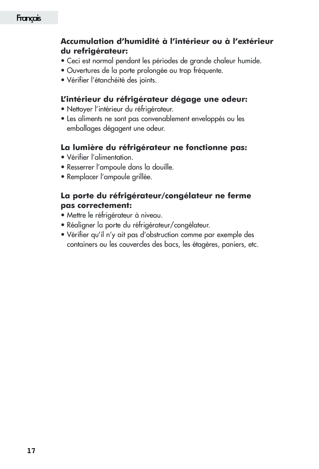 Haier FFAR2L user manual ’intérieur du réfrigérateur dégage une odeur, La lumière du réfrigérateur ne fonctionne pas 