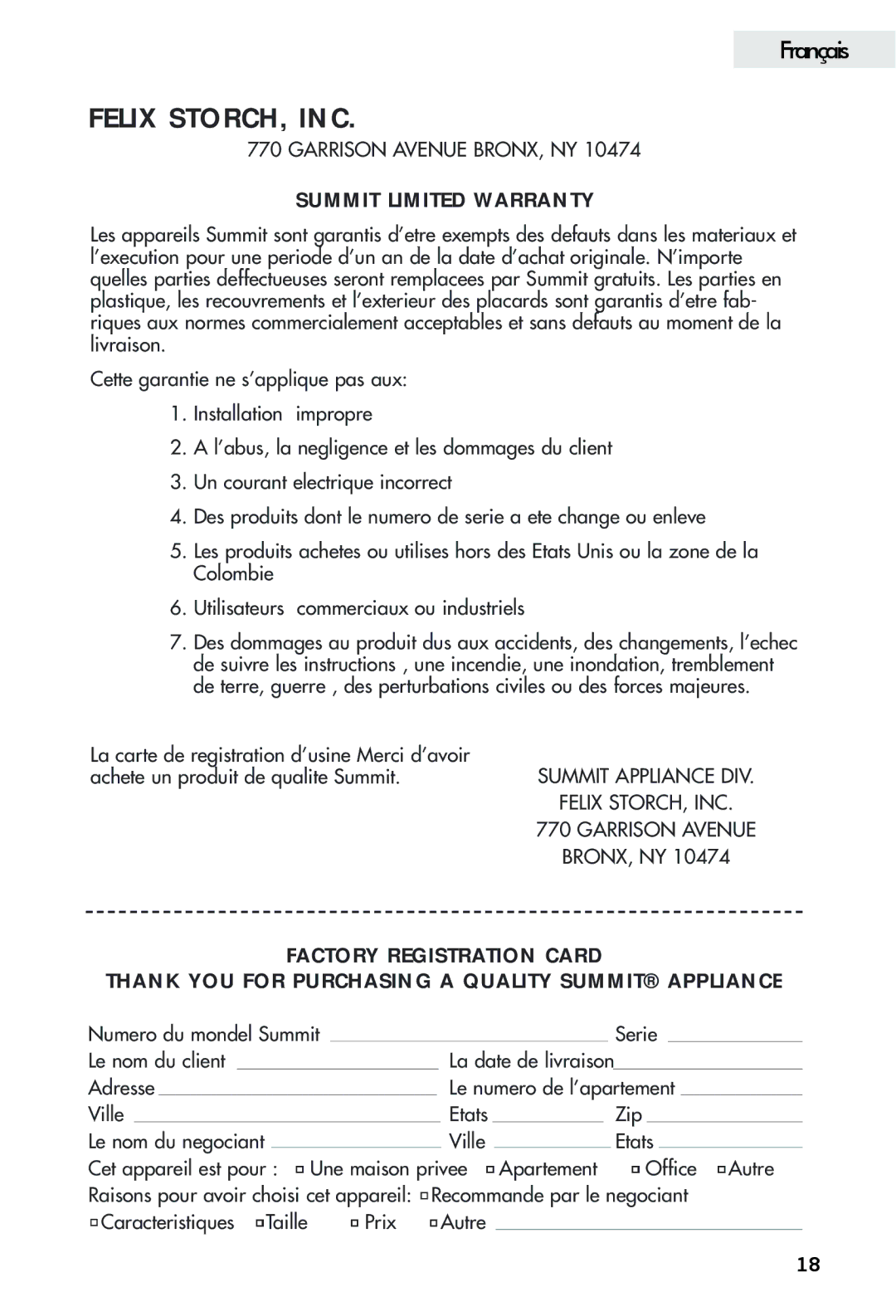 Haier FFAR2L user manual La carte de registration d’usine Merci d’avoir 