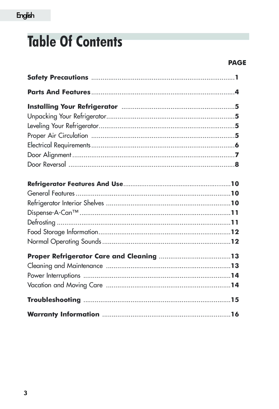 Haier FFAR2L user manual Table Of Contents 