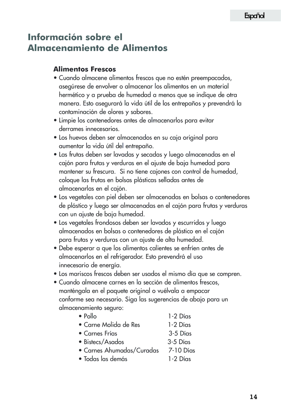 Haier FFAR2L user manual Información sobre el Almacenamiento de Alimentos, Alimentos Frescos 