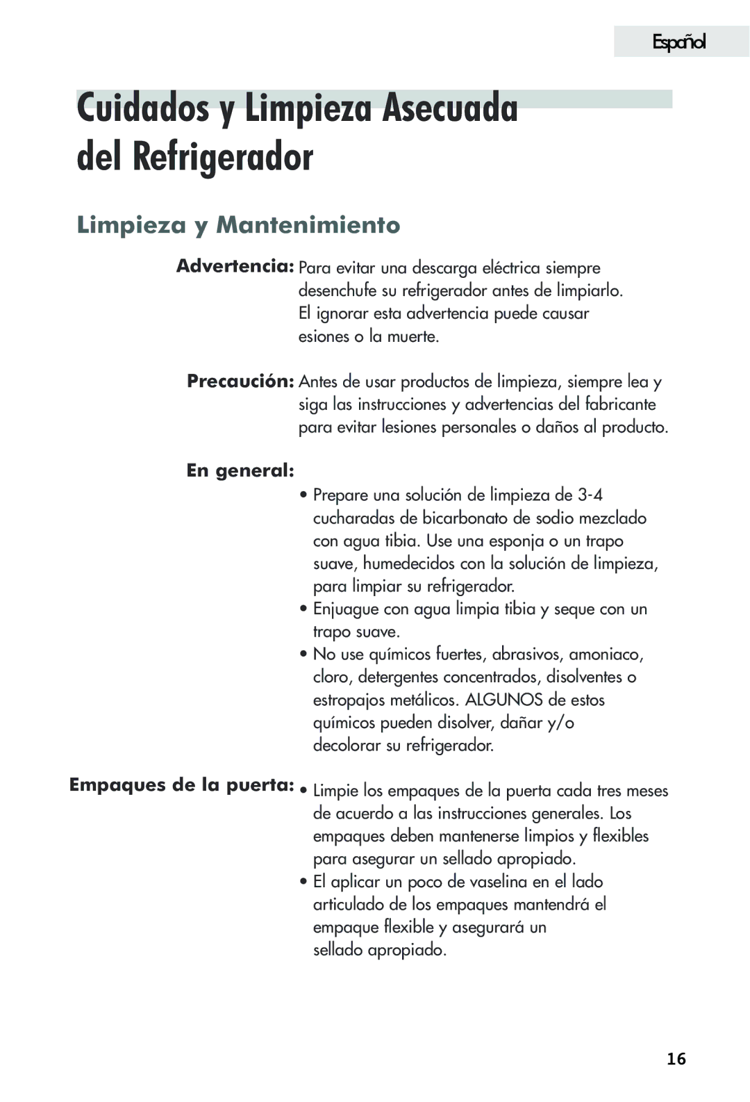 Haier FFAR2L user manual Limpieza y Mantenimiento, En general 