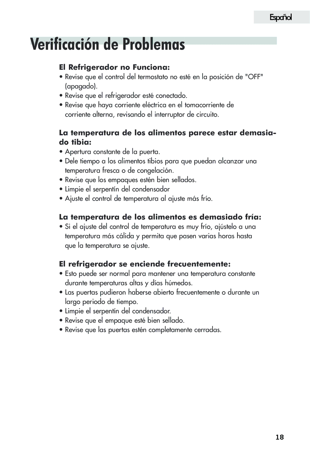 Haier FFAR2L Verificación de Problemas, El Refrigerador no Funciona, La temperatura de los alimentos es demasiado fría 