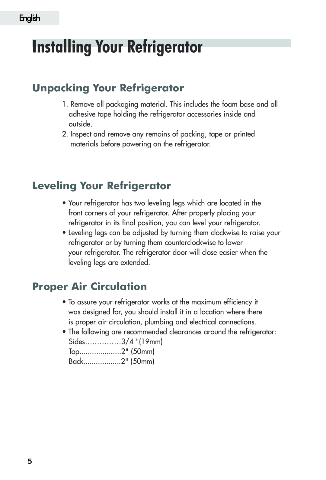 Haier FFAR2L Installing Your Refrigerator, Unpacking Your Refrigerator, Leveling Your Refrigerator, Proper Air Circulation 