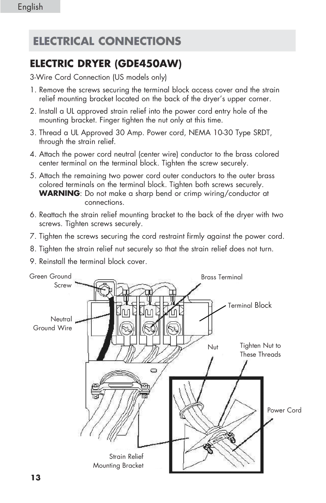 Haier GDE/GDG450AW, CGDE450AW user manual Electrical Connections, Electric Dryer GDE450AW 