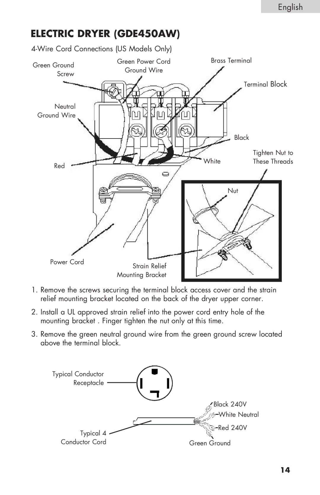 Haier CGDE450AW, GDE/GDG450AW user manual Wire Cord Connections US Models Only 