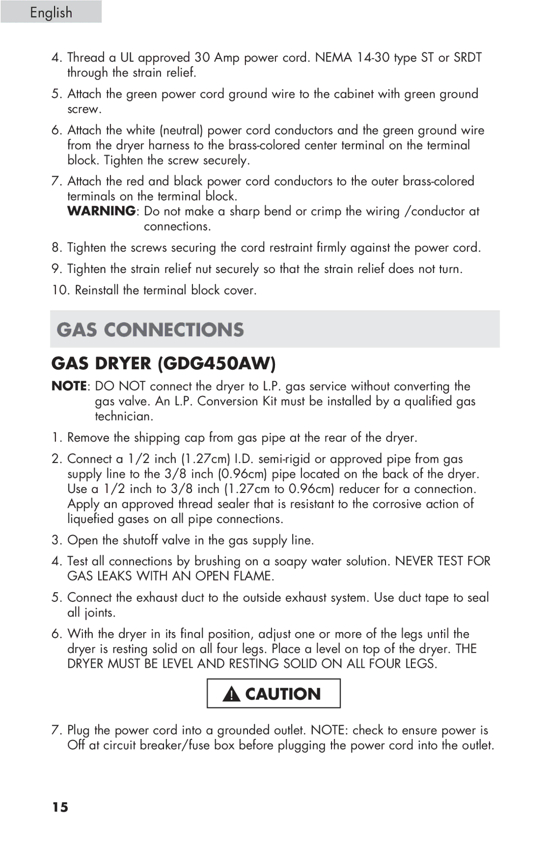 Haier GDE/GDG450AW, CGDE450AW user manual GAS Connections, GAS Dryer GDG450AW 