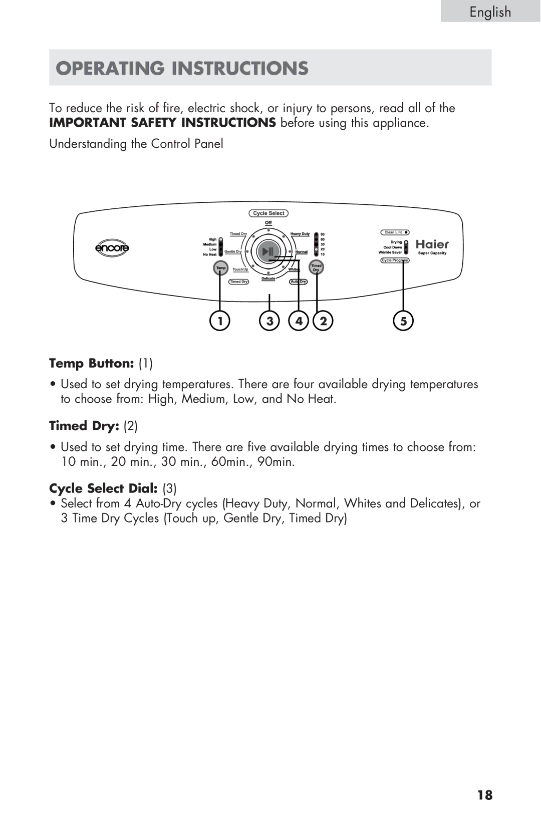 Haier CGDE450AW, GDE/GDG450AW user manual Operating Instructions, Temp Button, Timed Dry, Cycle Select Dial 