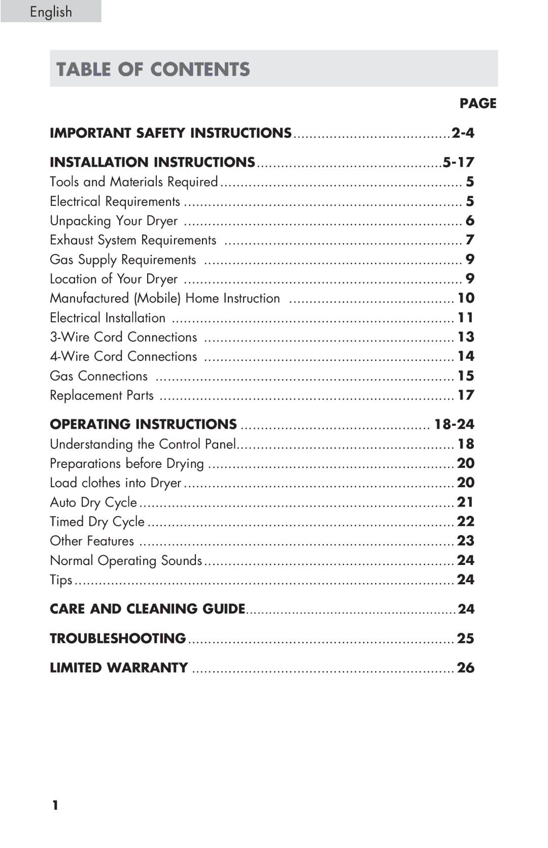 Haier GDE/GDG450AW, CGDE450AW user manual Table of Contents 