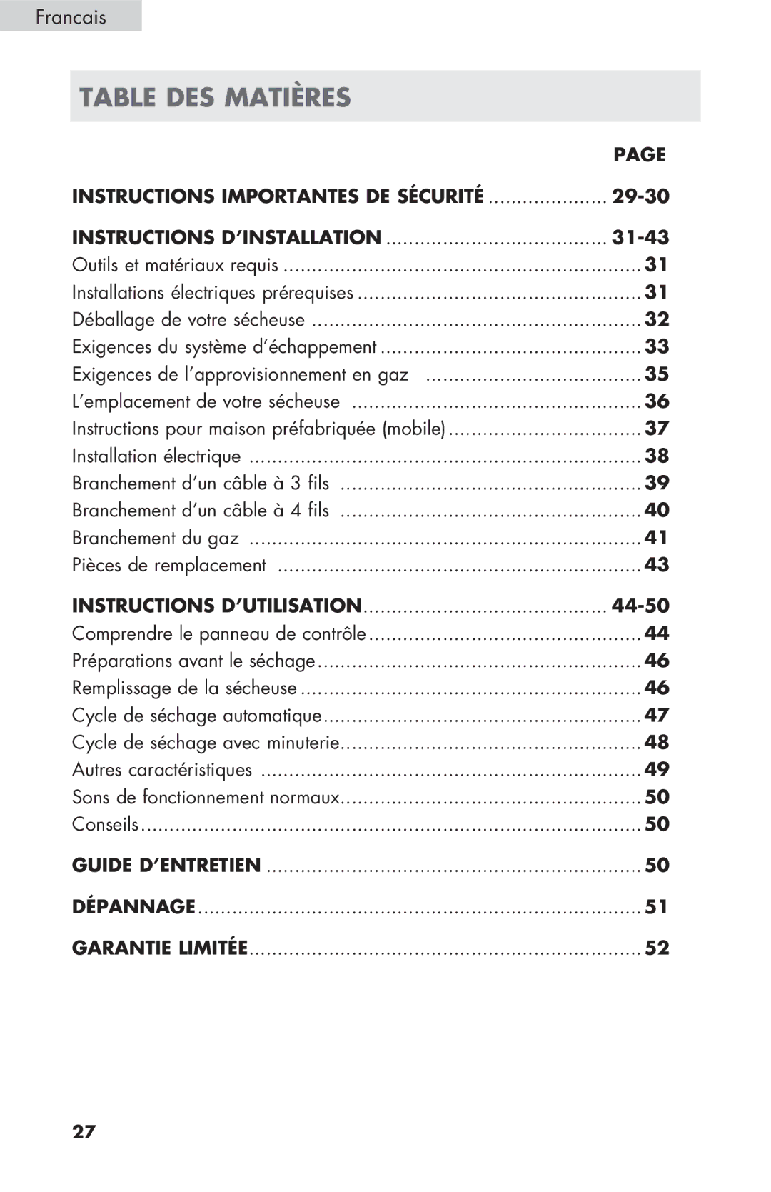 Haier GDE/GDG450AW, CGDE450AW user manual Table des matières, Instructions d’utilisation 44-50 