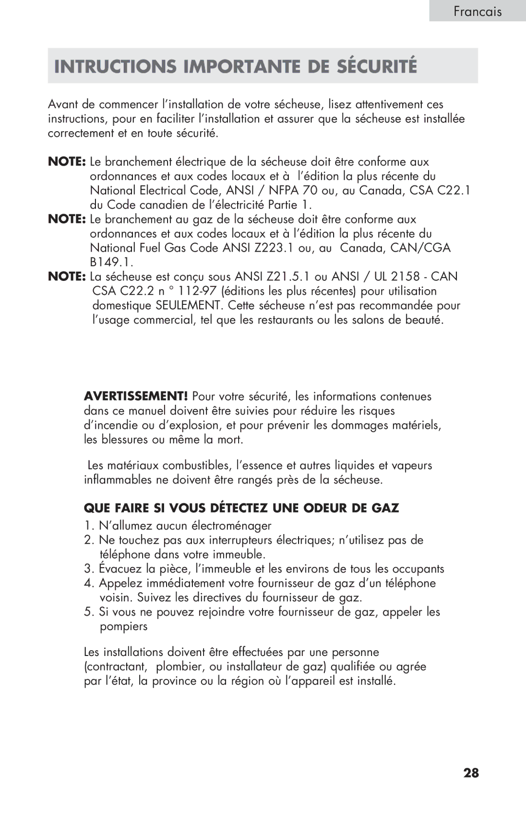 Haier CGDE450AW, GDE/GDG450AW user manual Intructions Importante DE Sécurité, QUE Faire SI Vous Détectez UNE Odeur DE GAZ 