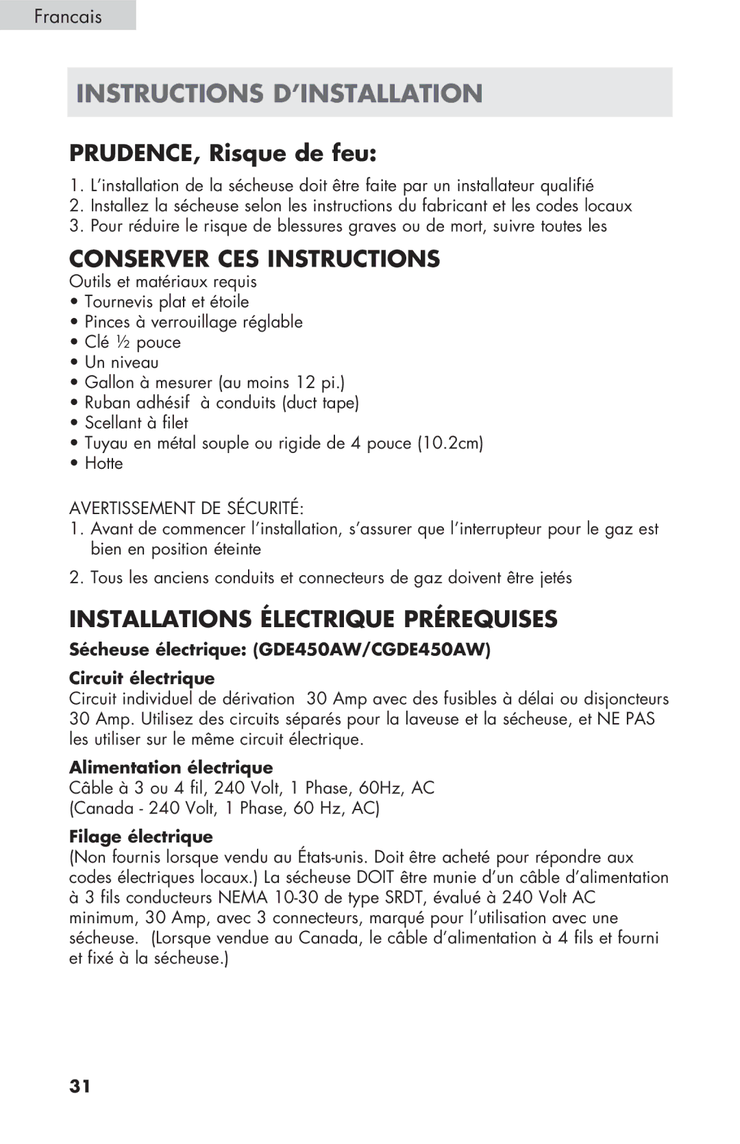 Haier GDE/GDG450AW Instructions D’INSTALLATION, Conserver CES Instructions, Installations Électrique Prérequises 