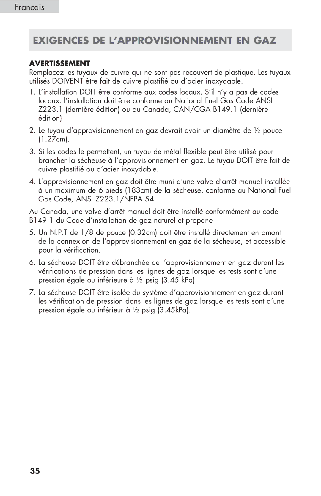 Haier GDE/GDG450AW, CGDE450AW user manual Exigences DE L’APPROVISIONNEMENT EN GAZ 