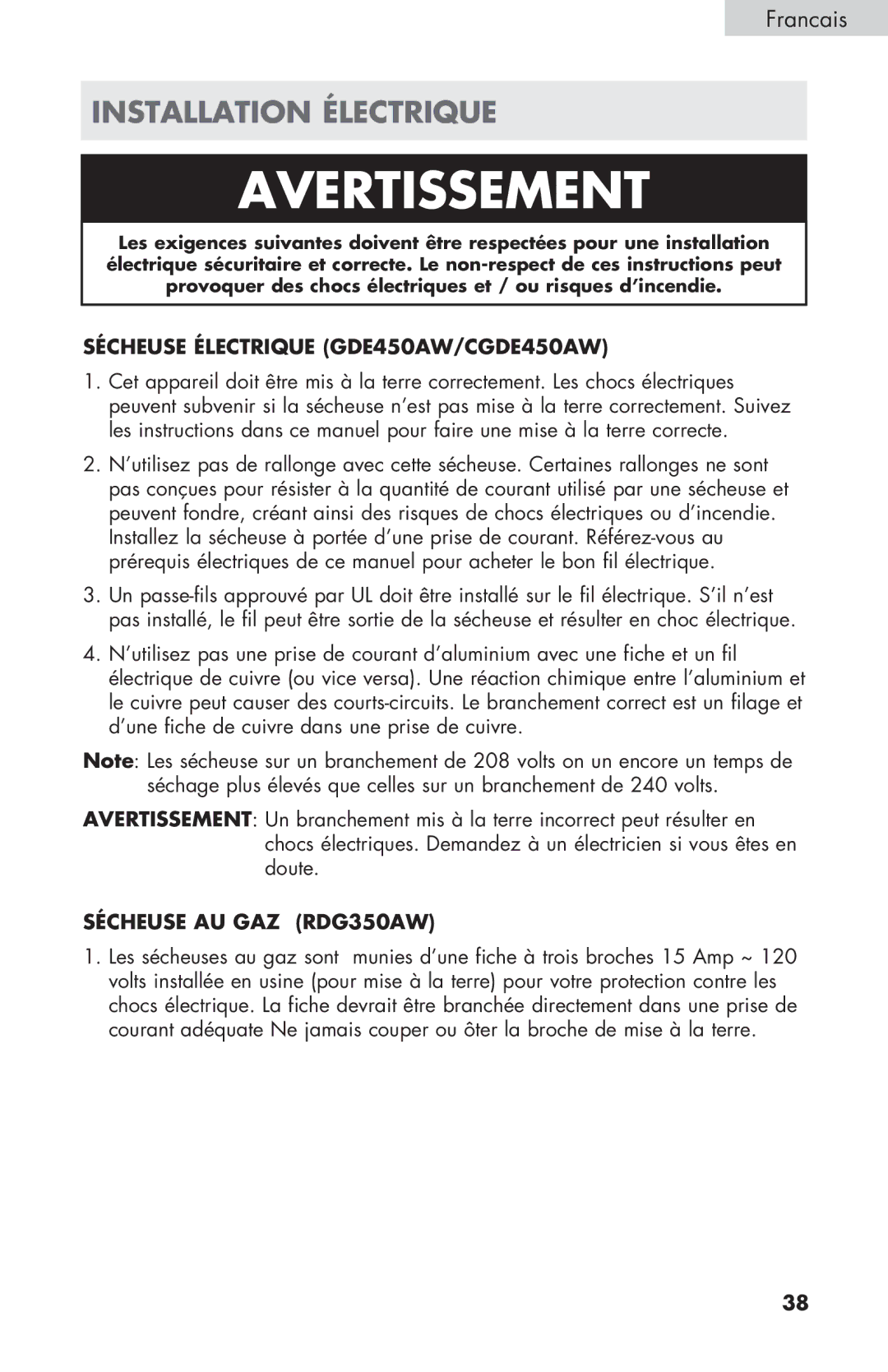 Haier GDE/GDG450AW user manual Installation Électrique, Sécheuse Électrique GDE450AW/CGDE450AW 