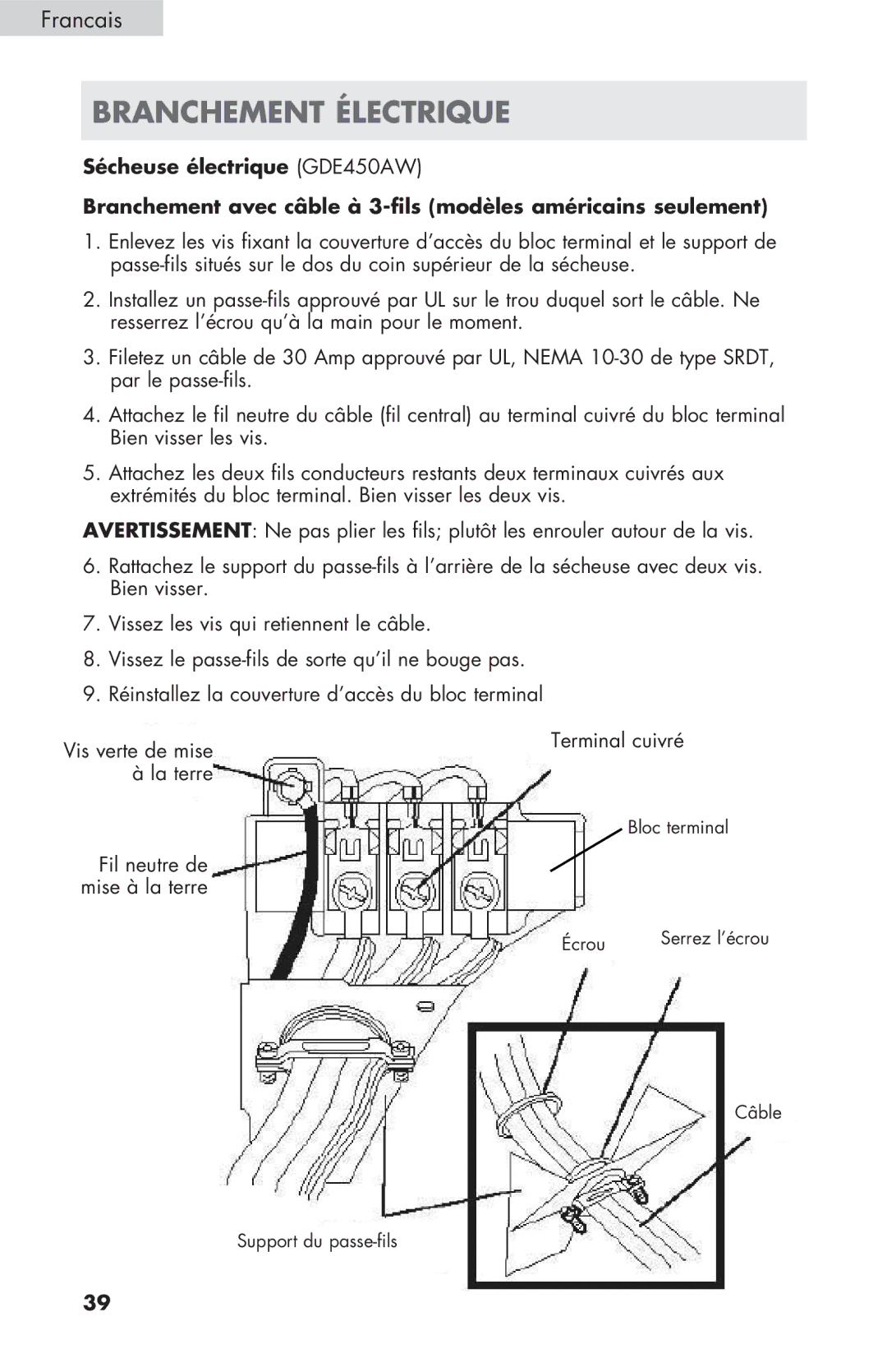 Haier GDE/GDG450AW, CGDE450AW user manual Branchement Électrique 