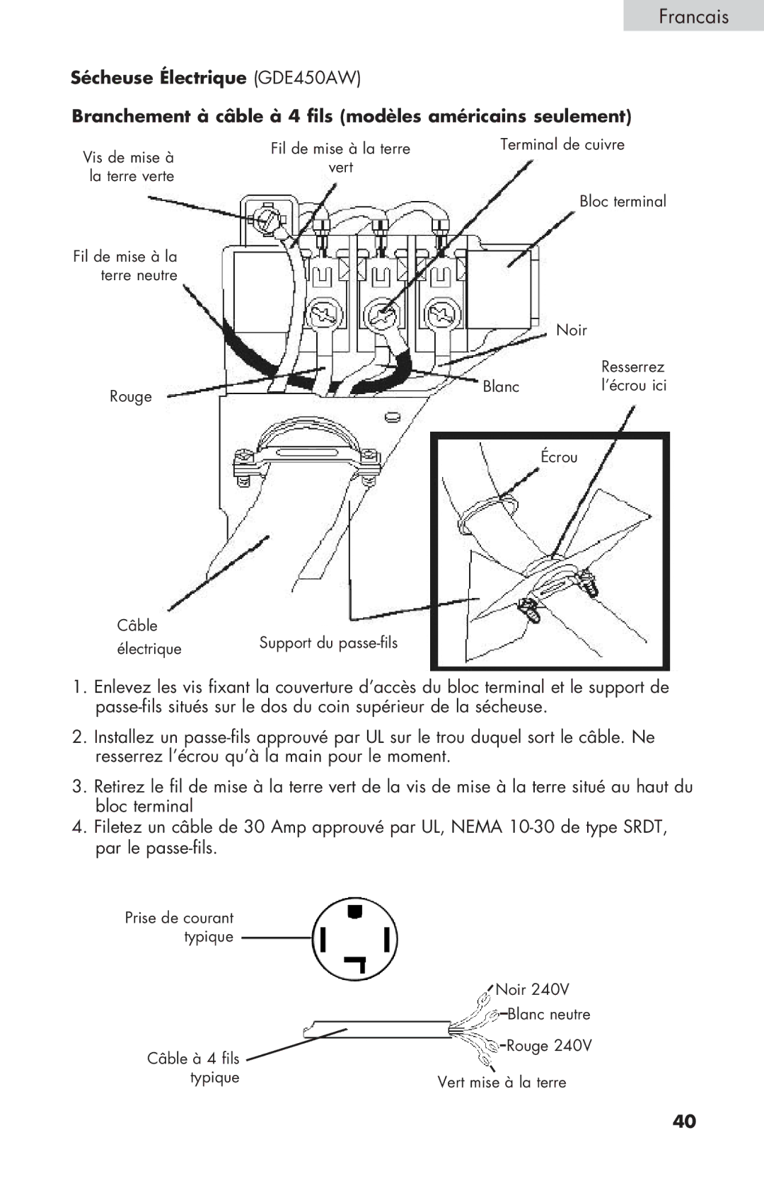 Haier CGDE450AW, GDE/GDG450AW user manual Vis de mise à Fil de mise à la terre Terminal de cuivre 