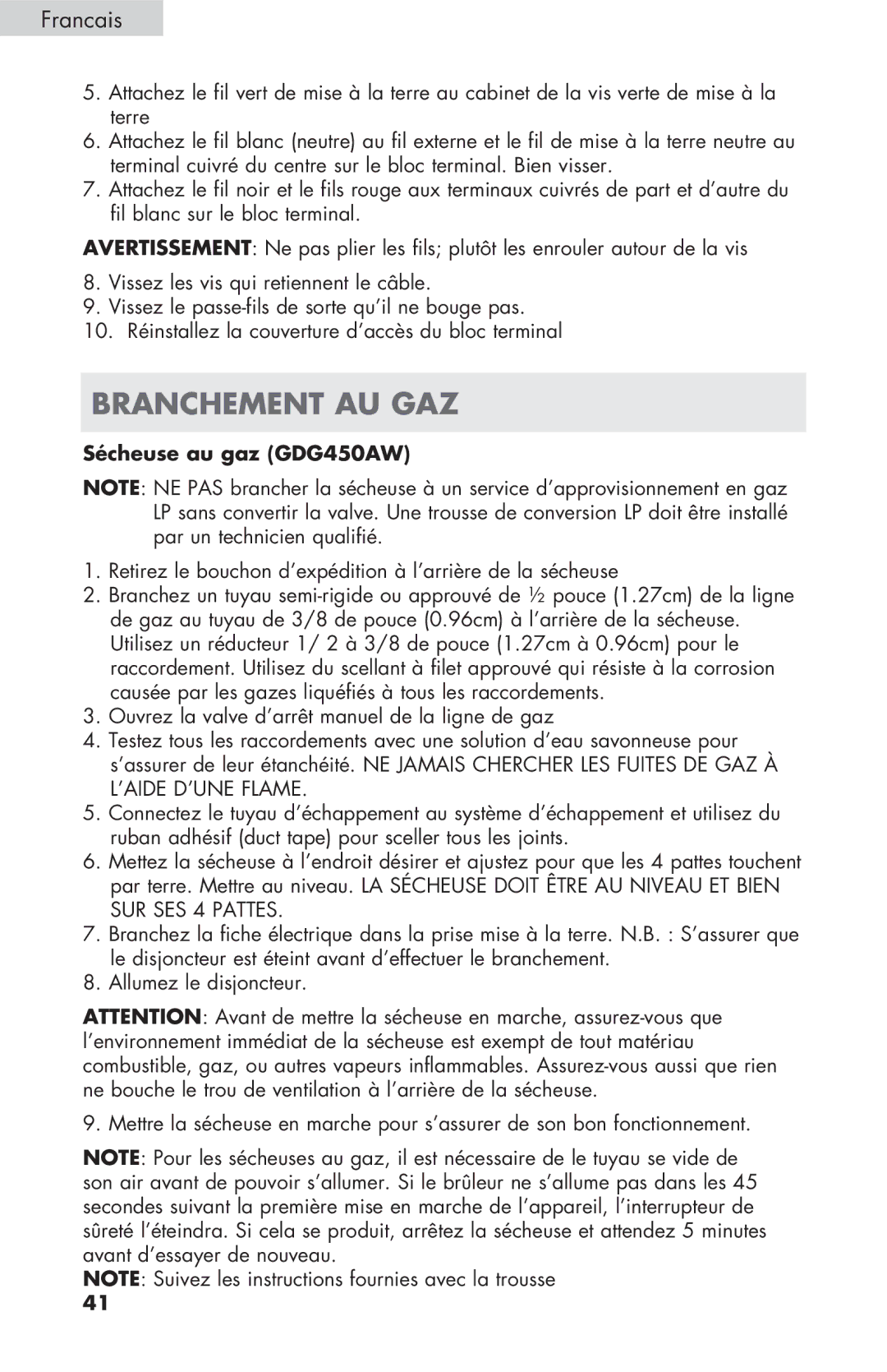 Haier GDE/GDG450AW, CGDE450AW user manual Branchement AU GAZ, Sécheuse au gaz GDG450AW 