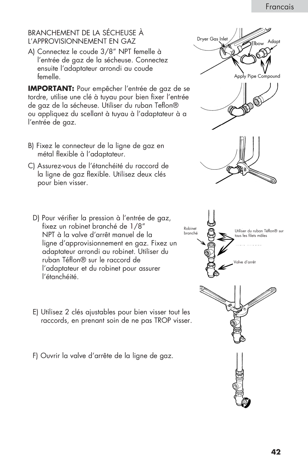 Haier CGDE450AW, GDE/GDG450AW user manual Branchement DE LA Sécheuse À ’APPROVISIONNEMENT EN GAZ 