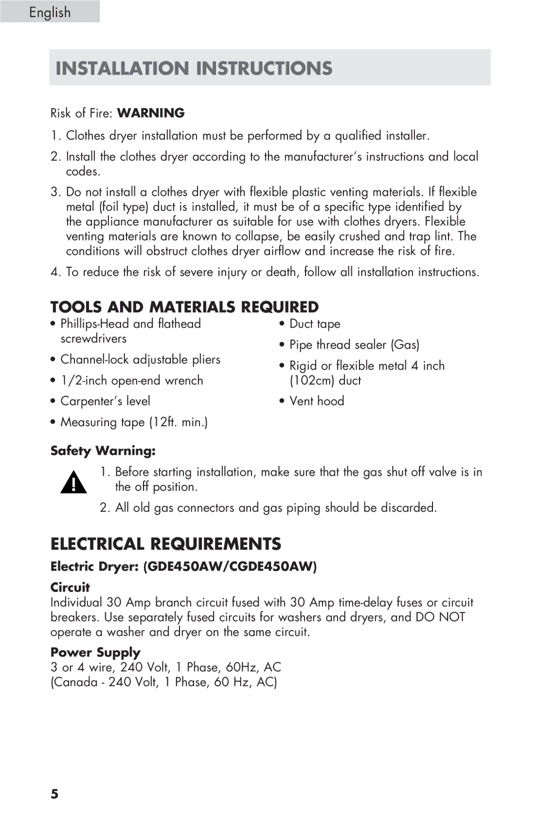 Haier GDE/GDG450AW, CGDE450AW user manual Installation Instructions, Electrical Requirements, Safety Warning, Power Supply 