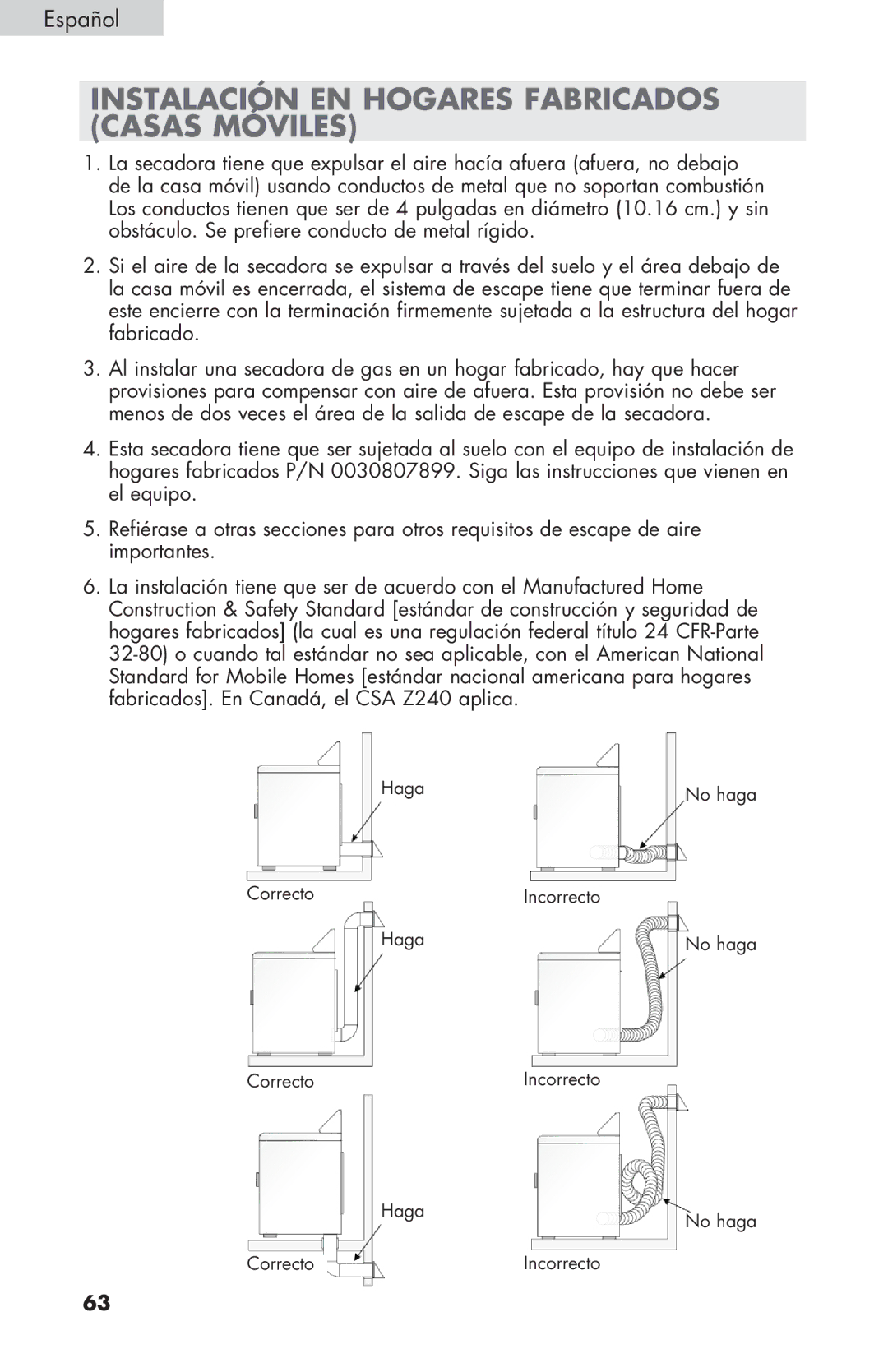 Haier GDE/GDG450AW, CGDE450AW user manual Instalación en hogares fabricados casas móviles 