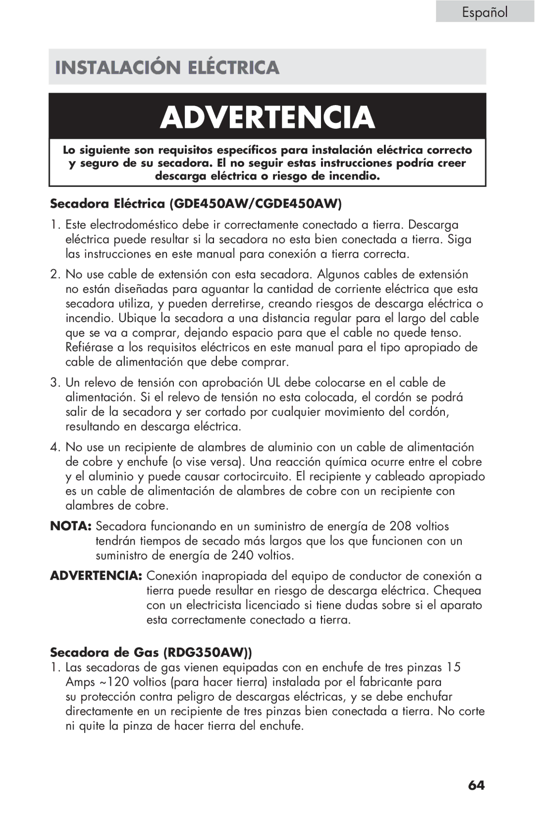 Haier GDE/GDG450AW user manual Instalación Eléctrica, Secadora Eléctrica GDE450AW/CGDE450AW, Secadora de Gas RDG350AW 