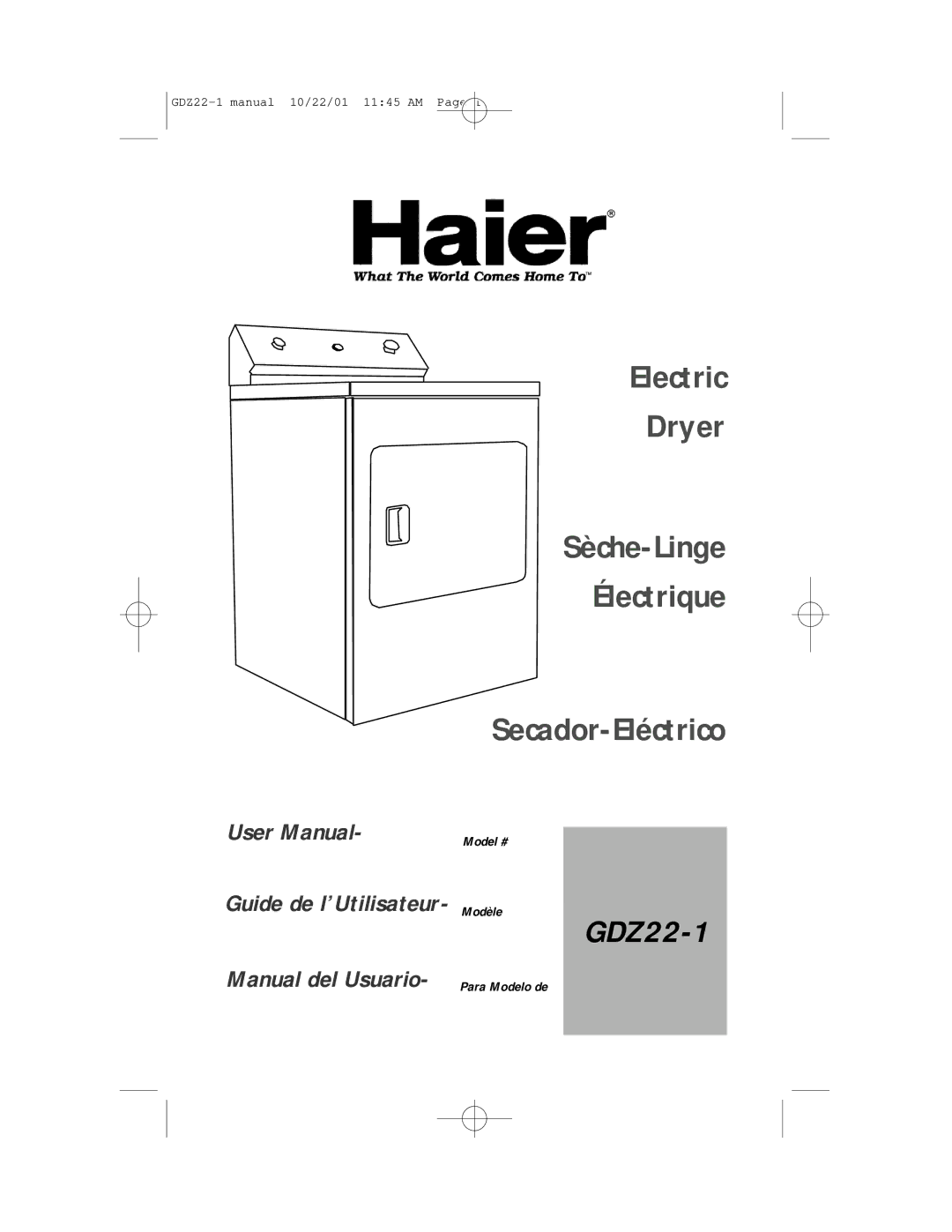 Haier GDZ22-1 user manual Electric Dryer Sèche-Linge Électrique Secador-Eléctrico 