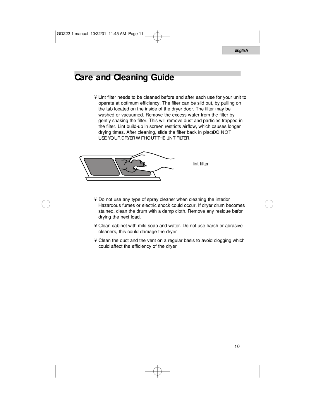 Haier GDZ22-1 user manual Care and Cleaning Guide, USE Your Dryer Without the Lint Filter 