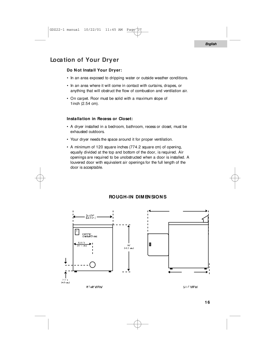 Haier GDZ22-1 user manual Location of Your Dryer, Do Not Install Your Dryer, Installation in Recess or Closet 